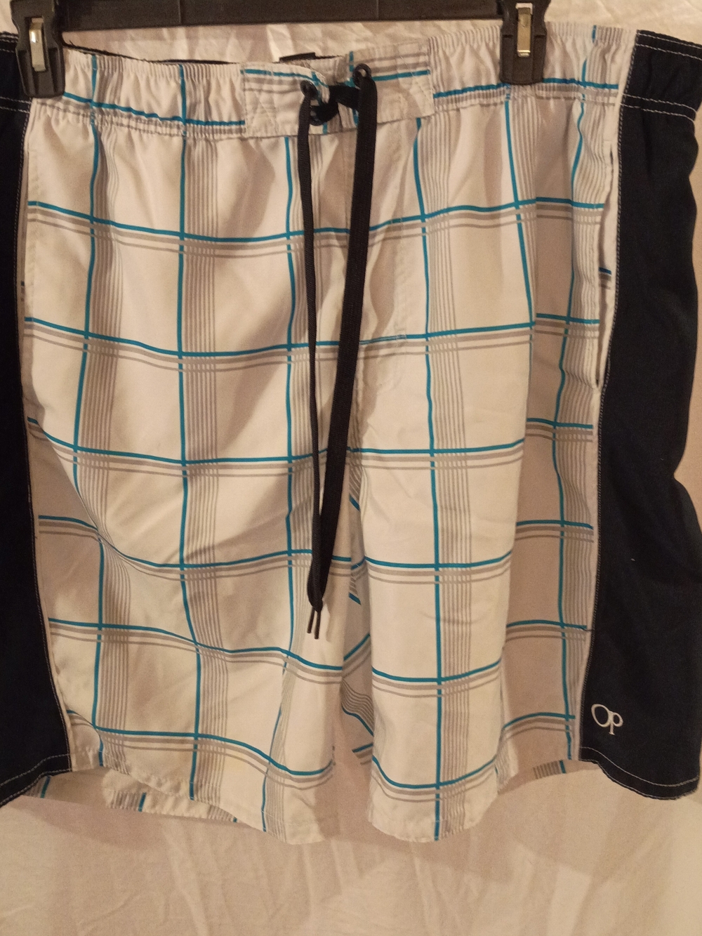 OP Men’s White & Blue Plaid Swim Trunks Size 2XL